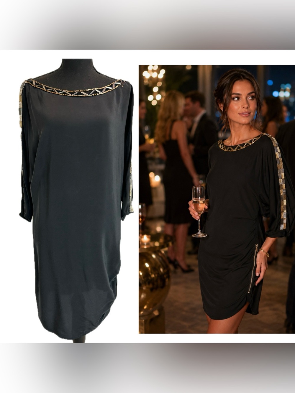 BCBGMAXAZRIA Black 100% silk beaded Embellished Boatneck shift Cocktail Dress S